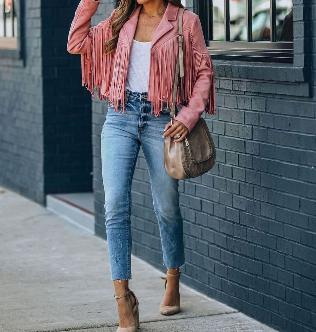 Eulalie | Women's Fringed Cropped Moto Jacket with Zip Front
