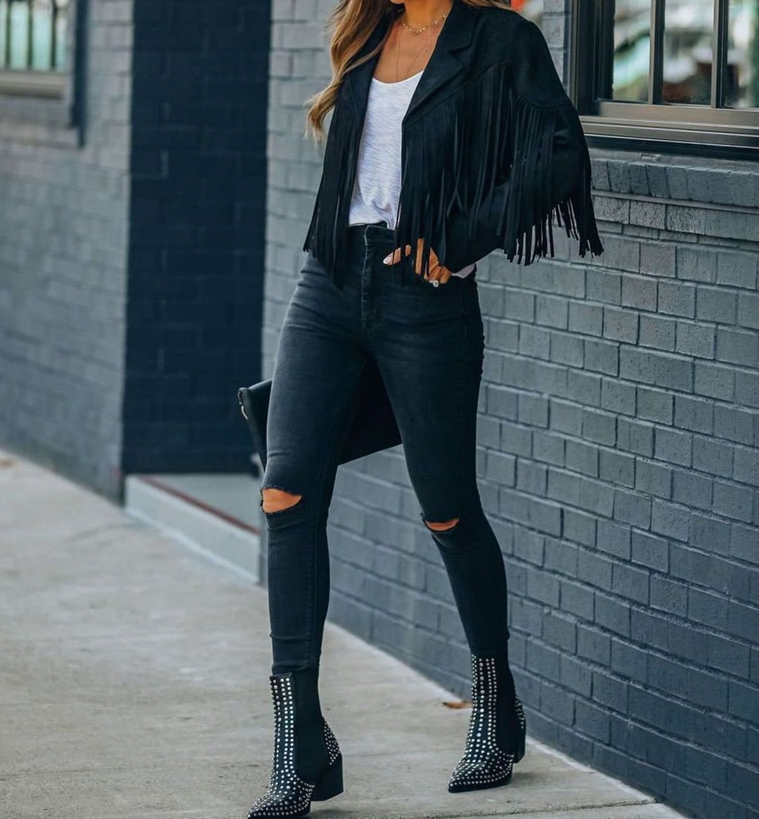 Eulalie | Women's Fringed Cropped Moto Jacket with Zip Front