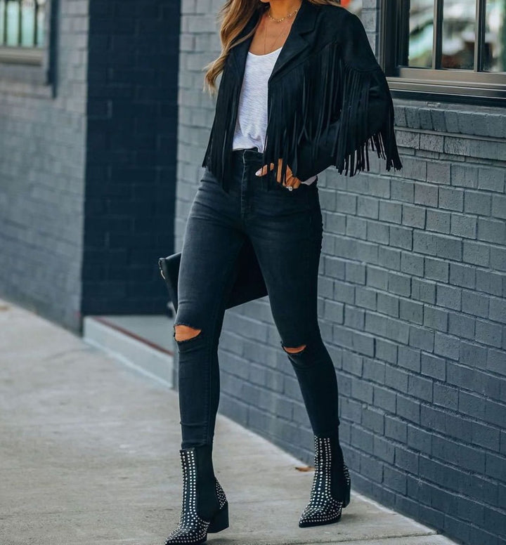 Eulalie | Women's Fringed Cropped Moto Jacket with Zip Front
