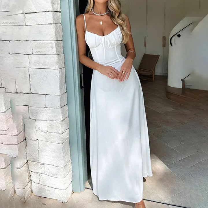 womens-maxi-dress-in-woven-material-with-ruched-bodice-and-straps-1