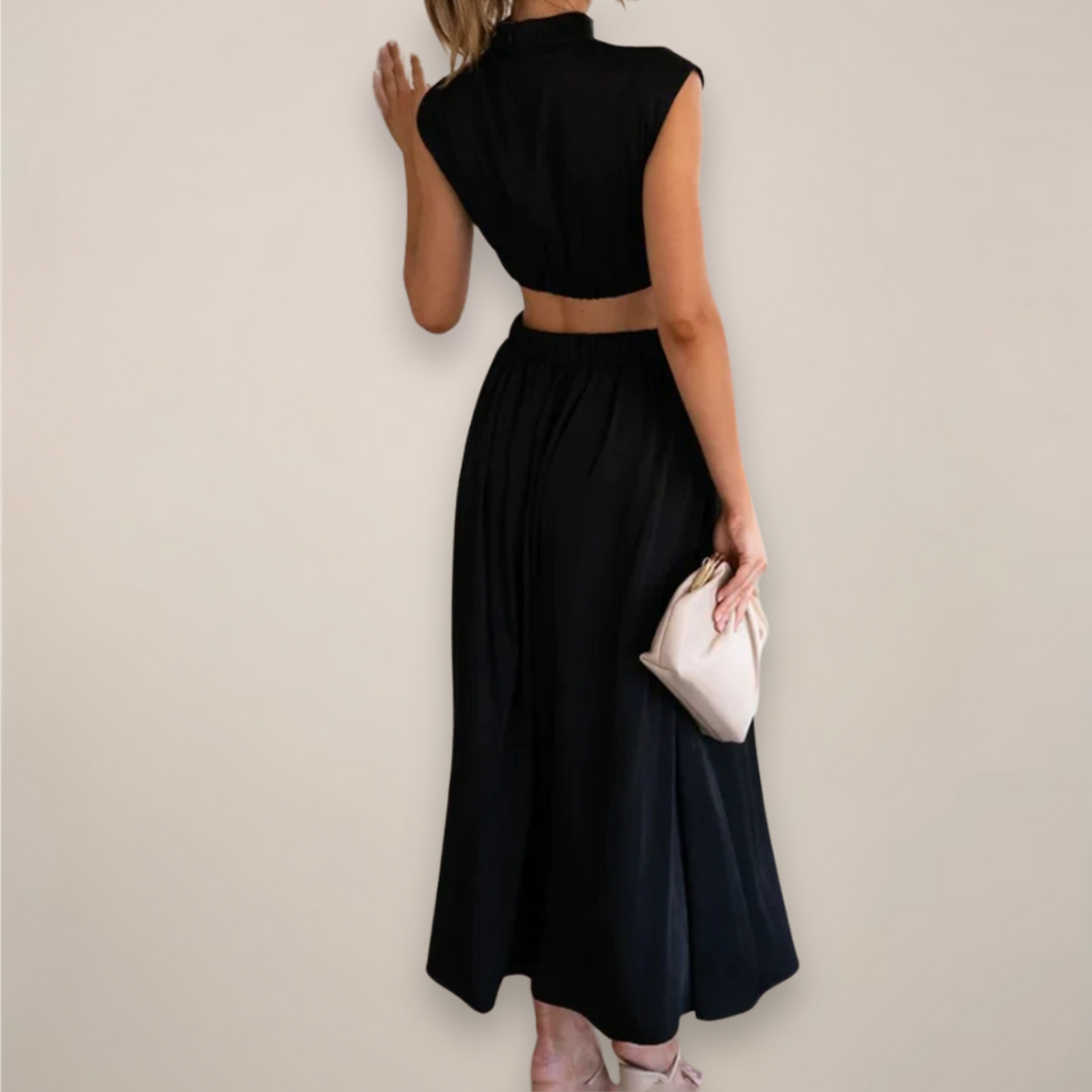 womens-maxi-dress-in-woven-material-with-waist-cutouts-and-high-neck-2