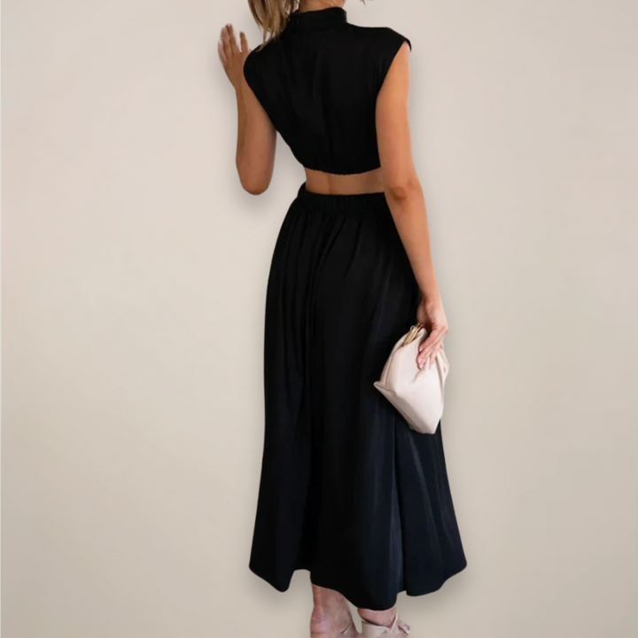 womens-maxi-dress-in-woven-material-with-waist-cutouts-and-high-neck-2