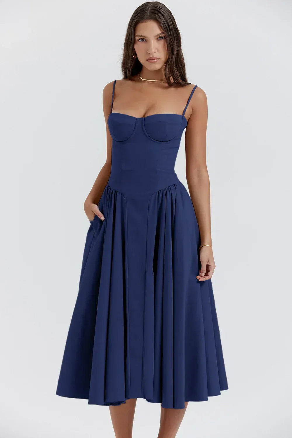 womens-midi-dress-in-woven-material-with-bust-seams-and-pockets-7