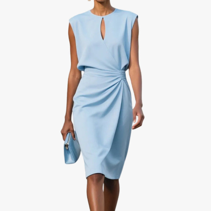 womens-midi-dress-in-woven-material-with-keyhole-neck-and-ruching-1