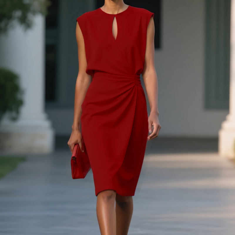 womens-midi-dress-in-woven-material-with-keyhole-neck-and-ruching-8