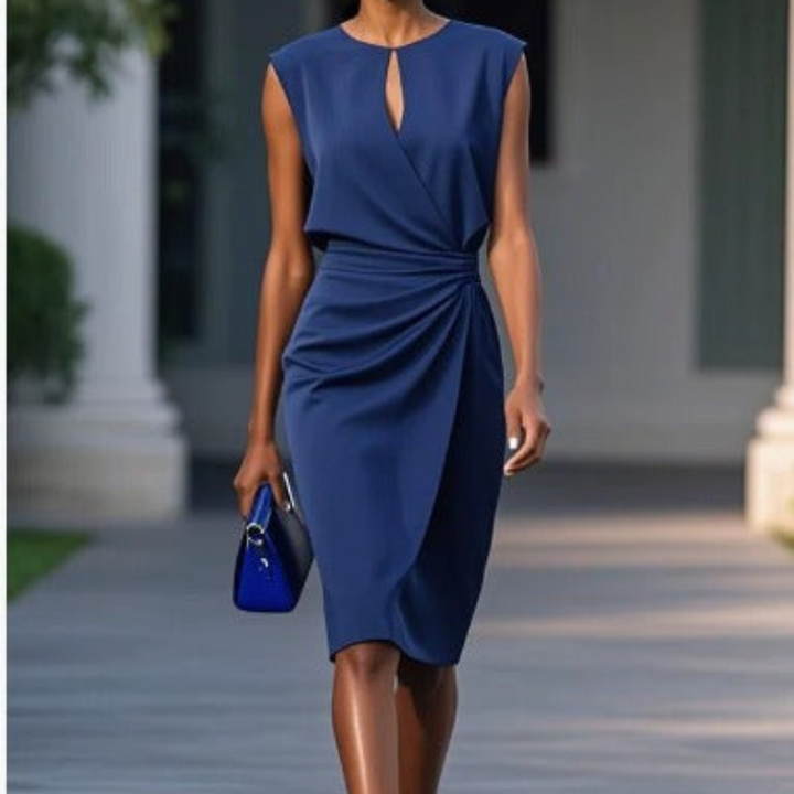 womens-midi-dress-in-woven-material-with-keyhole-neck-and-ruching-9
