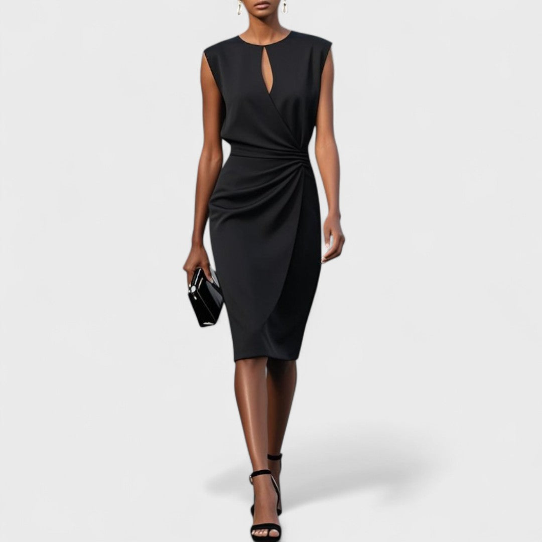 womens-midi-dress-in-woven-material-with-keyhole-neck-and-side-pleats-3