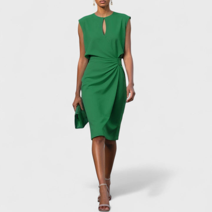 womens-midi-dress-in-woven-material-with-keyhole-neck-and-side-pleats-4