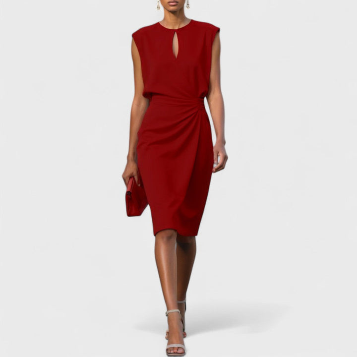womens-midi-dress-in-woven-material-with-keyhole-neck-and-side-pleats-5
