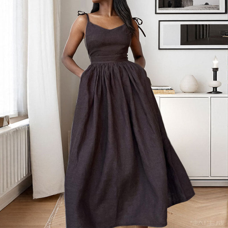 womens-midi-dress-in-woven-material-with-tie-straps-and-side-slit-8