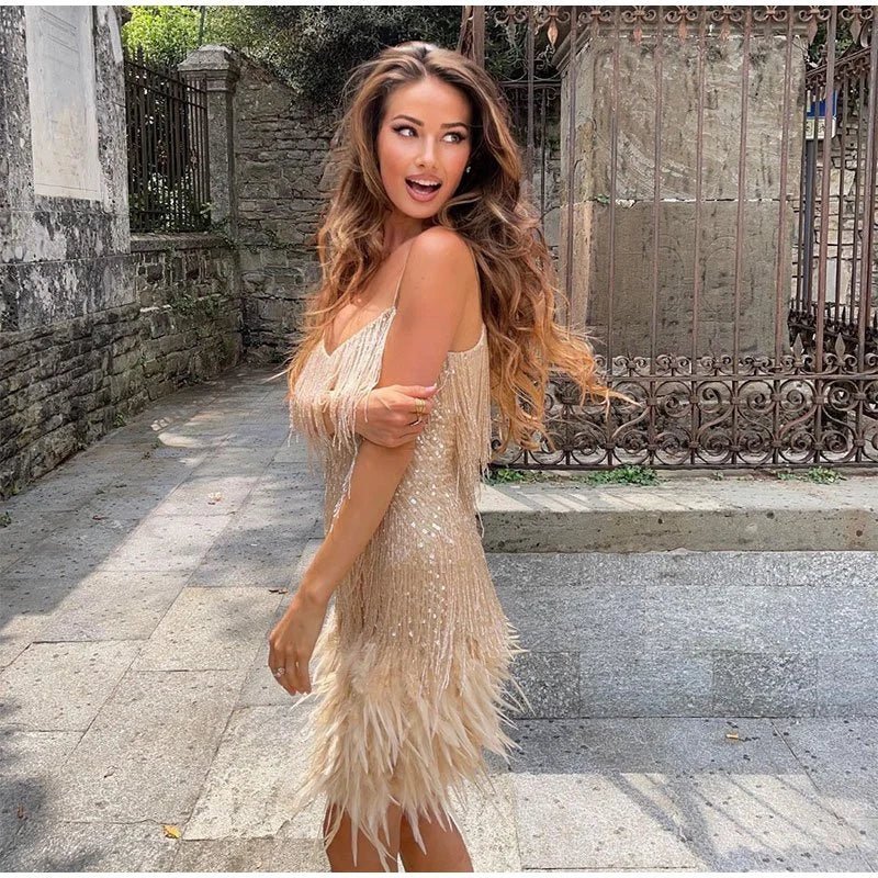 womens-party-mini-dress-with-sequin-mesh-and-feather-hem-3