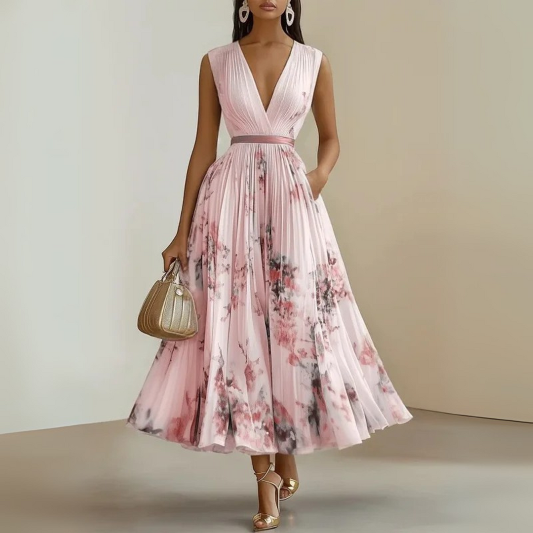 womens-pleated-chiffon-maxi-dress-with-v-neck-and-pockets-3