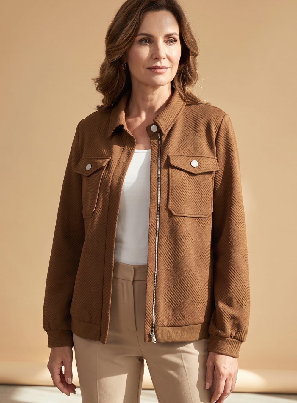 Anouk | Women's Zip-Front Shirt Jacket with Chest Pockets and Ribbed Hem