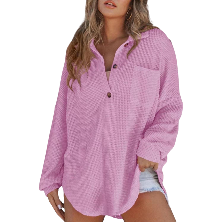womens-waffle-knit-tunic-top-with-v-neck-and-button-placket-8