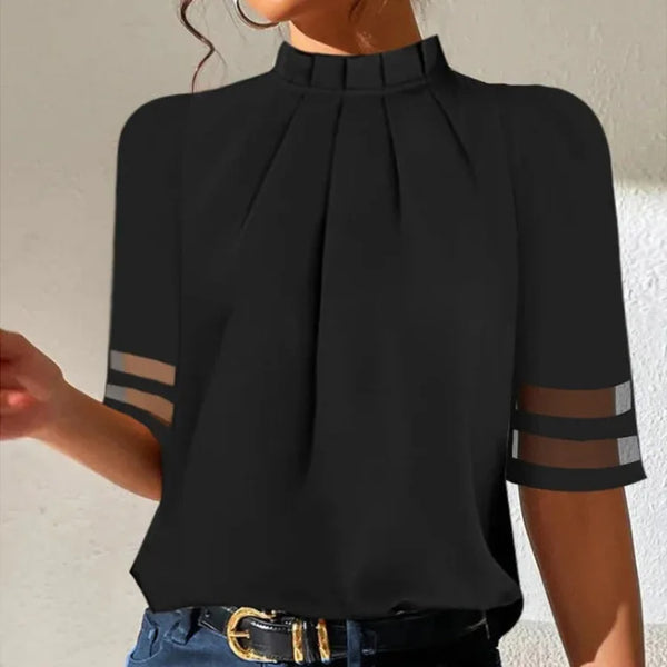 womens-woven-blouse-with-mock-neck-and-front-pleats-2
