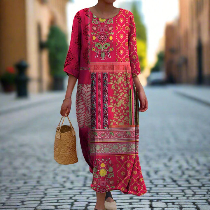 womens-woven-maxi-dress-with-mixed-print-and-elbow-sleeves-2