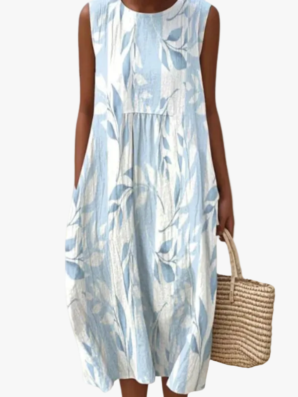 womens-woven-midi-dress-with-round-neck-and-gathered-seam-1