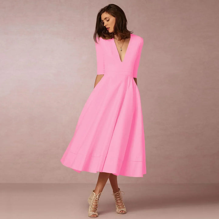 womens-woven-midi-dress-with-v-neck-and-pleated-skirt-10