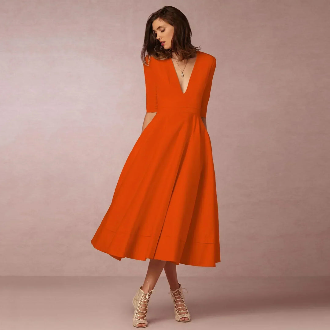 womens-woven-midi-dress-with-v-neck-and-pleated-skirt-11