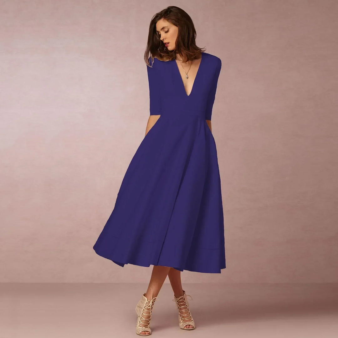 womens-woven-midi-dress-with-v-neck-and-pleated-skirt-2