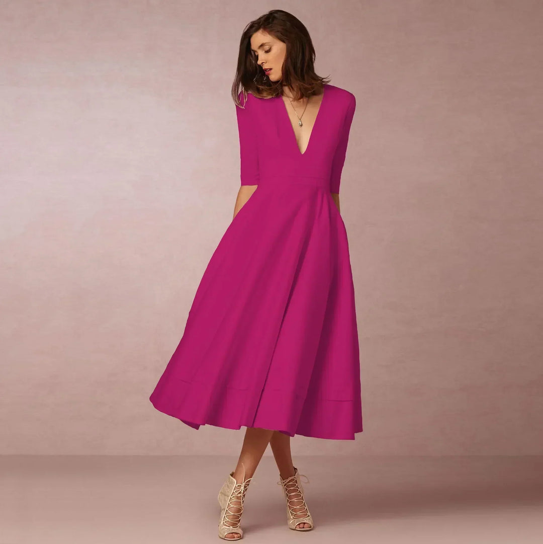 womens-woven-midi-dress-with-v-neck-and-pleated-skirt-5