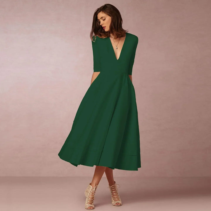 womens-woven-midi-dress-with-v-neck-and-pleated-skirt-7