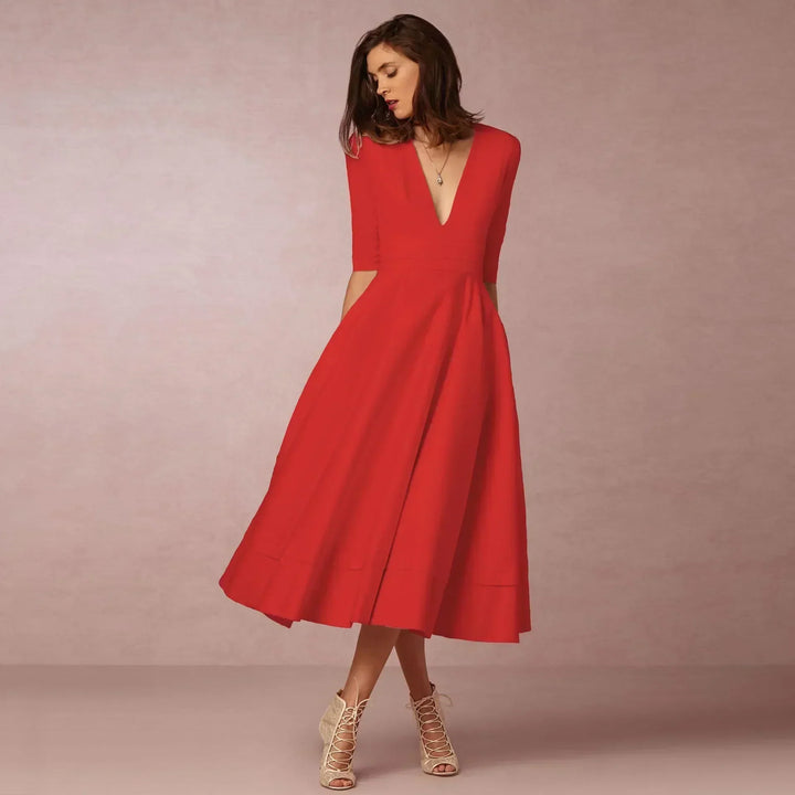 womens-woven-midi-dress-with-v-neck-and-pleated-skirt-8
