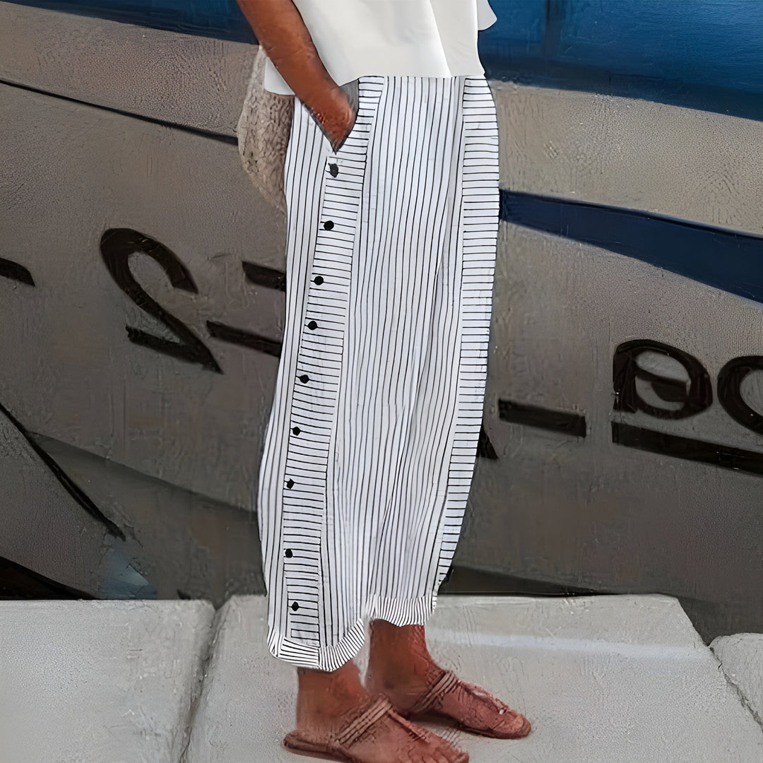 womens-woven-straight-leg-pants-with-side-pockets-and-button-trim-3