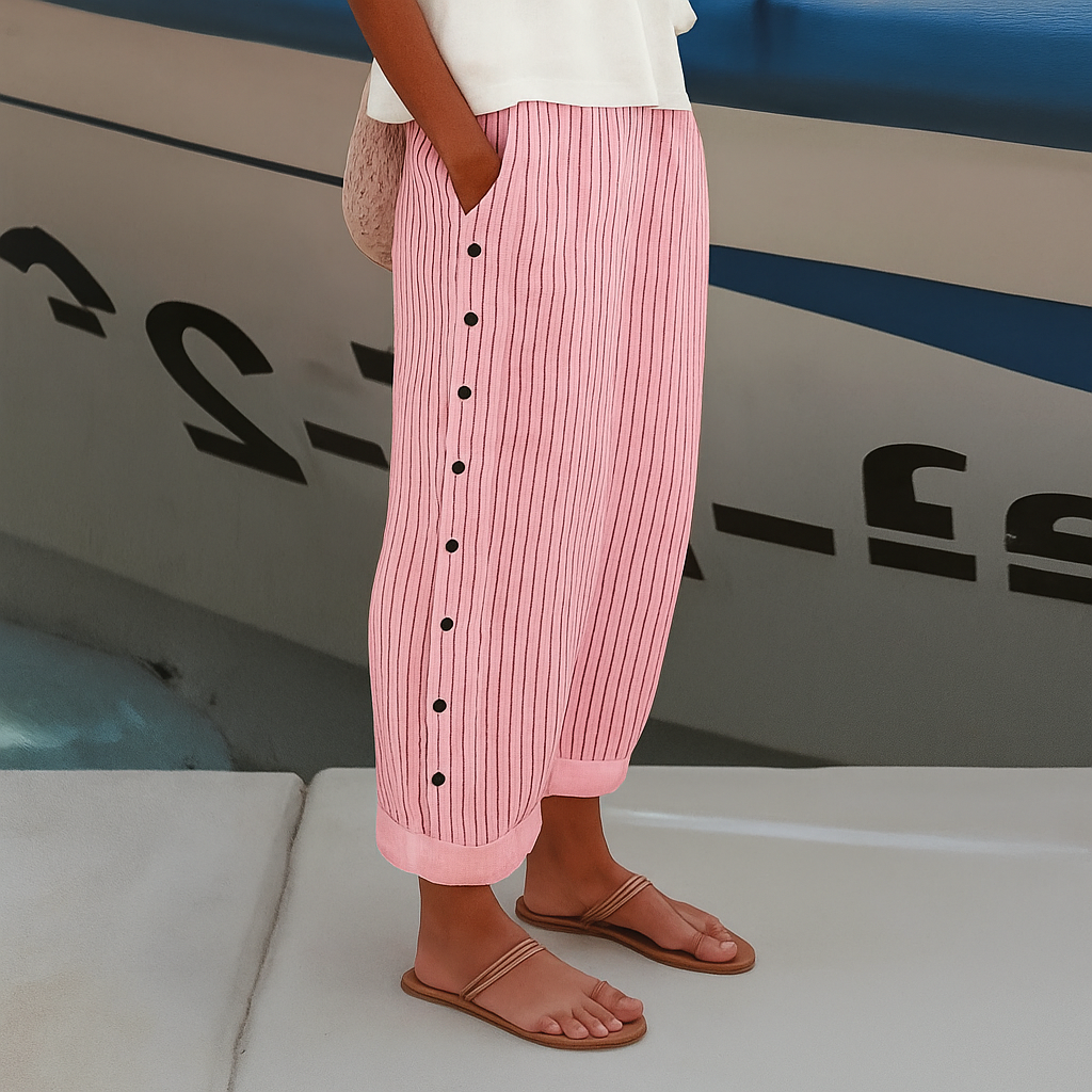 womens-woven-straight-leg-pants-with-side-pockets-and-button-trim-4
