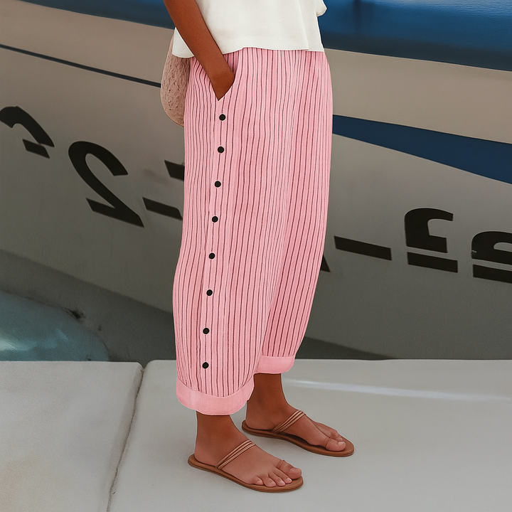 womens-woven-straight-leg-pants-with-side-pockets-and-button-trim-4