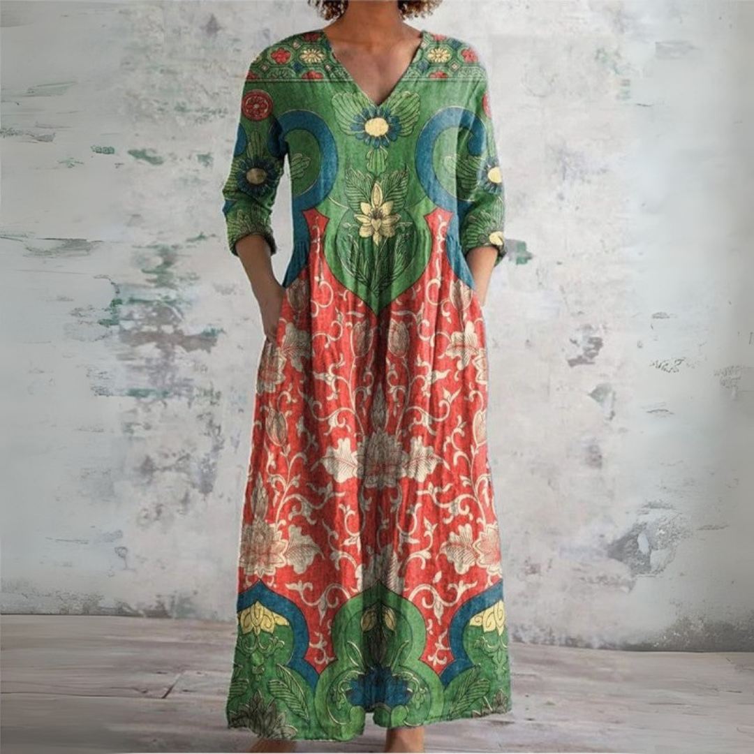 Zola | Women's Boho Floral Ethnic V-Neck Linen Maxi Dress
